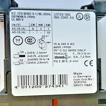 SIEMENS 3ZX1012-0RH11-1AA1 CONTACTOR 690V 50HZ ***LOTOF3***