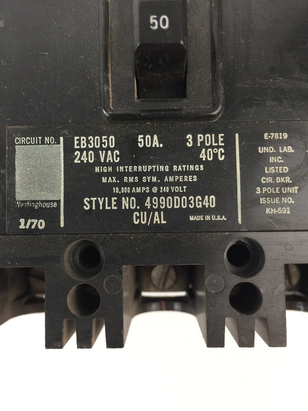 WESTINGHOUSE EB3050 CIRCUIT BREAKER 50AMP 240VAC 3 POLE