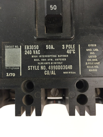 WESTINGHOUSE EB3050 CIRCUIT BREAKER 50AMP 240VAC 3 POLE