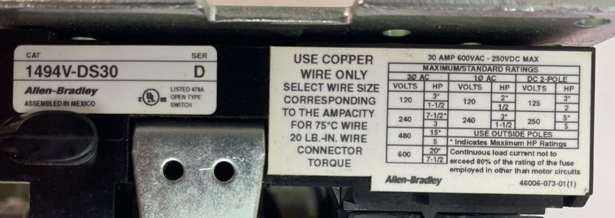 ALLEN BRADLEY 1494V-DS30 FUSIBLE DISCONNECT SWITCH SER D 30A 600VAC 20HP 250VDC