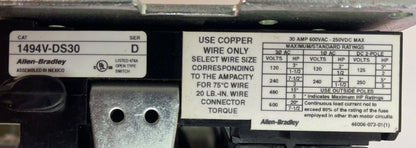 ALLEN BRADLEY 1494V-DS30 FUSIBLE DISCONNECT SWITCH SER D 30A 600VAC 20HP 250VDC