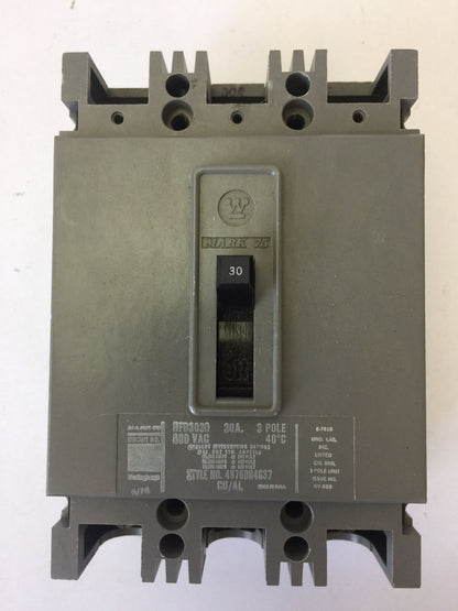 WESTINGHOUSE HFB3030 AB DE-ION CIRCUIT BREAKER 30AMP 600VAC 3POLE 4976D04G37
