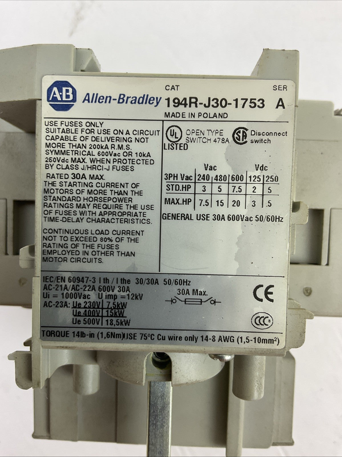 ALLEN BRADLEY 194R-J30-1753 SER A DISCONNECT SWITCH 194R-HS4E HANDLE SER A