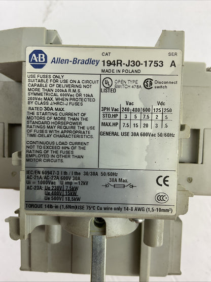 ALLEN BRADLEY 194R-J30-1753 SER A DISCONNECT SWITCH 194R-HS4E HANDLE SER A
