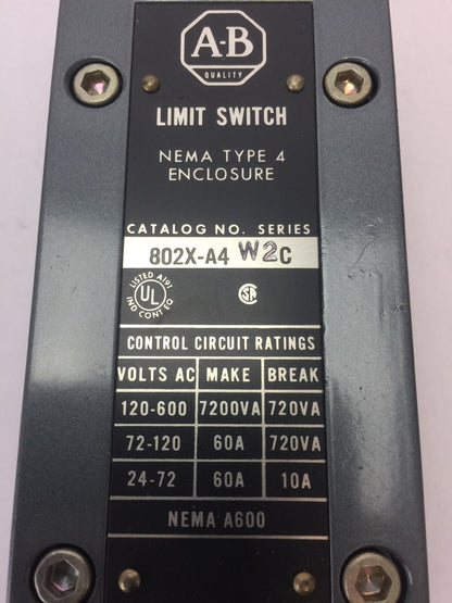 ALLEN BRADLEY 802X-A4W2 LIMIT SWITCH 600VAC 7200VA 720VA SERIES C NEMA TYPE 4