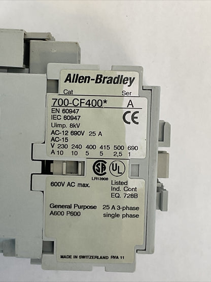ALLEN BRADLEY 700-CF400* SER A CONTACTOR 600VAC 25A COIL 120V 60HZ 100-FSV136