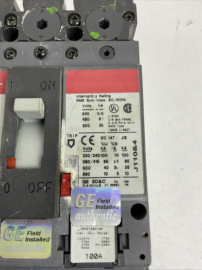 GE SELA36AT0100 CIRCUIT BREAKER 100A 600VAC 3POLE W/SRPE100A100 TRIP