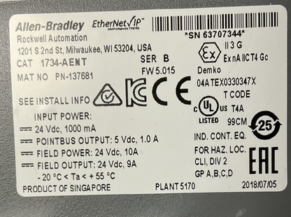 ALLEN BRADLEY 1734-AENT ETHERNET ADAPTER SER.B FW.5.015 24VDC W /1734-RTB
