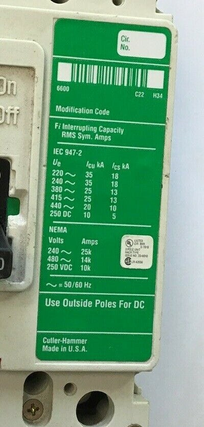 CUTLER HAMMER FI225 70A 480VAC/250VDC CIRCUIT BREAKER 50/60HZ