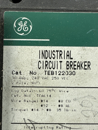 GE TEB122030 CIRCUIT BREAKER 250VDC 240VAC 30A 2POLE