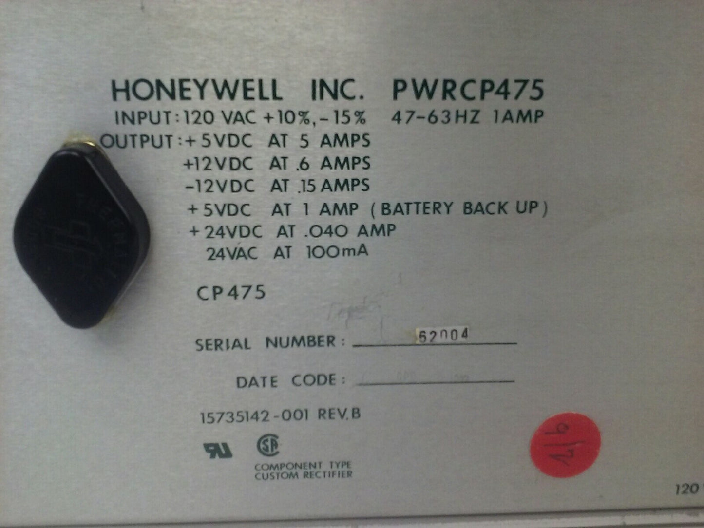 HONEYWELL PWRC475 CP475 POWER SUPPLY 120VAC @ 5 AMPS 157351142-001 REV B