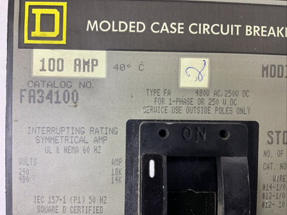 SQUARE D FA34100 CIRCUIT BREAKER 100AMP 480VAC 250VDC 3POLE