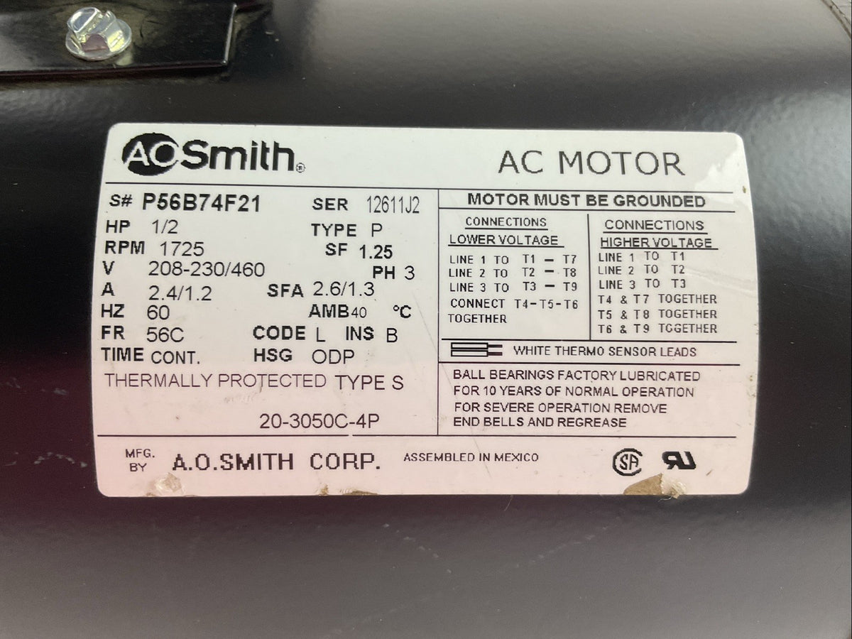 AO SMITH 20-3050C-4P AC MOTOR 1/2HP 1725RPM 208-230V 2.4/1.2A