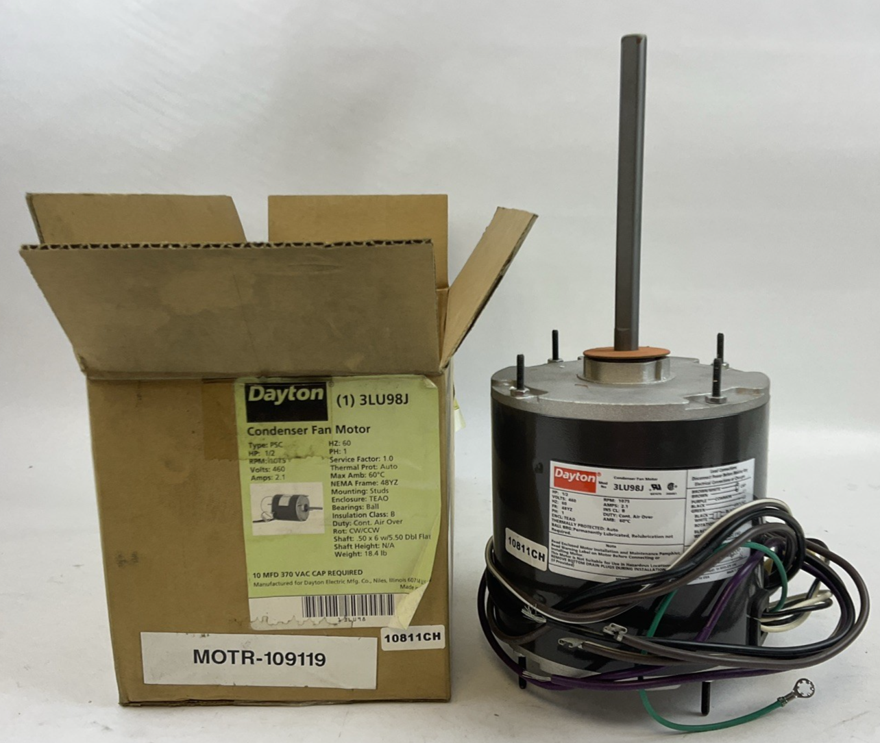 DAYTON 3LU98J CONDENSER FAN MOTOR 1/2HP 460V 1075RPM 2.1AMP 60HZ 1PH