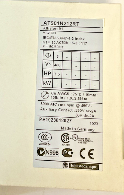 SCHNEIDER ELECTRIC ATSO1N212RT SOFT STARTER 50/60HZ 460VAC 7.5HP
