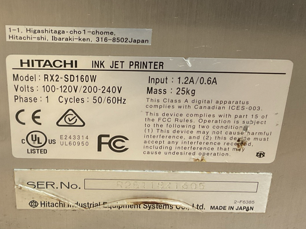 HITACHI RX2-SD160W INK JET PRINTER 240V 50/60HZ 1.2A *NO KEY SCREEN COVER OPEN*