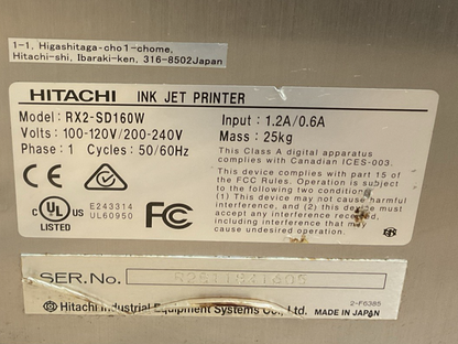 HITACHI RX2-SD160W INK JET PRINTER 240V 50/60HZ 1.2A *NO KEY SCREEN COVER OPEN*