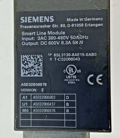 SIEMENS 6SL3130-6AE15-0AB0 SMART LINE MODULE 600VDC 8.3A 5KW