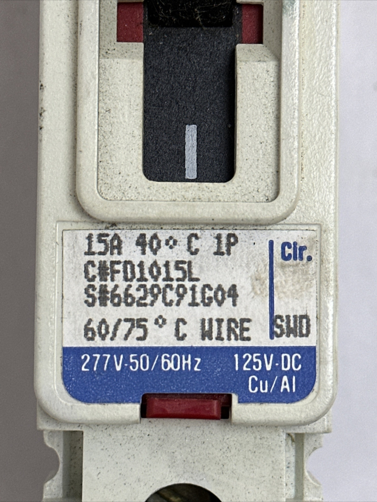 WESTINGHOUSE FD1015L CIRCUIT BREAKER 15AMP 277V-50/60HZ 125V-DC 1POLE 6629C91G04
