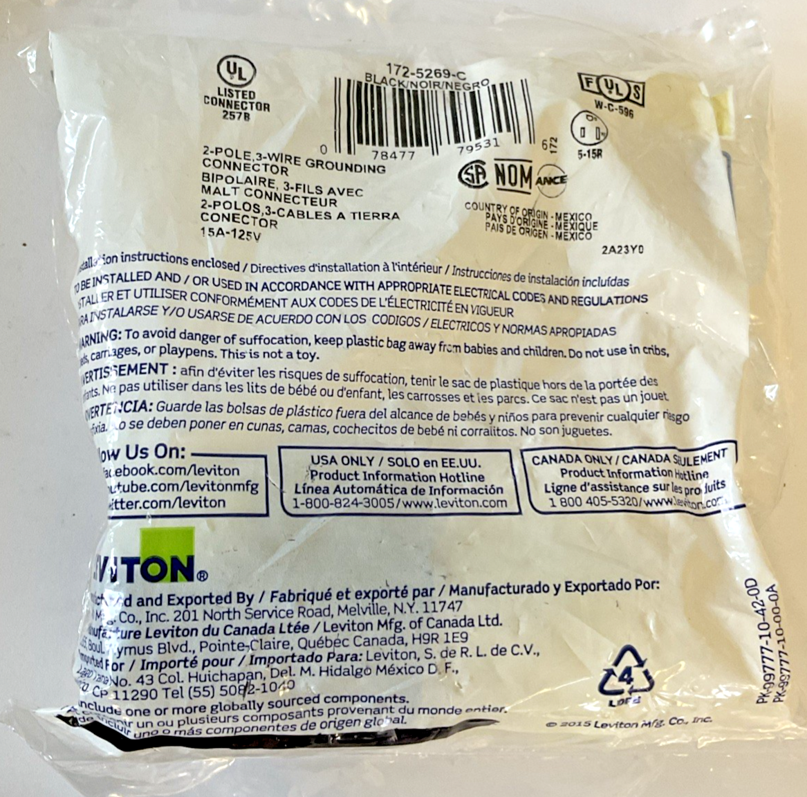 LEVITON 172-5269-C GROUNDED CONNECTOR BODY 15A 125V 2POLE 3WIRE ***LOTOF2***