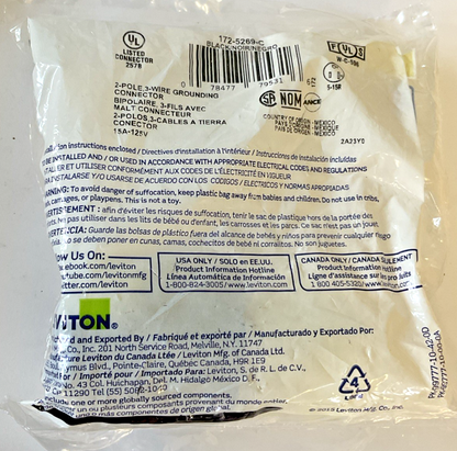 LEVITON 172-5269-C GROUNDED CONNECTOR BODY 15A 125V 2POLE 3WIRE ***LOTOF2***