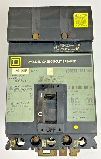 SQUARE D FH34090 CIRCUIT BREAKER 90A 3P 600VAC