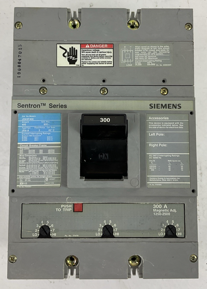 SIEMENS JD63F400 SENTRON SERIES 600VAC 400A 3POLE FRAME TYPE JD6-A 300AMP