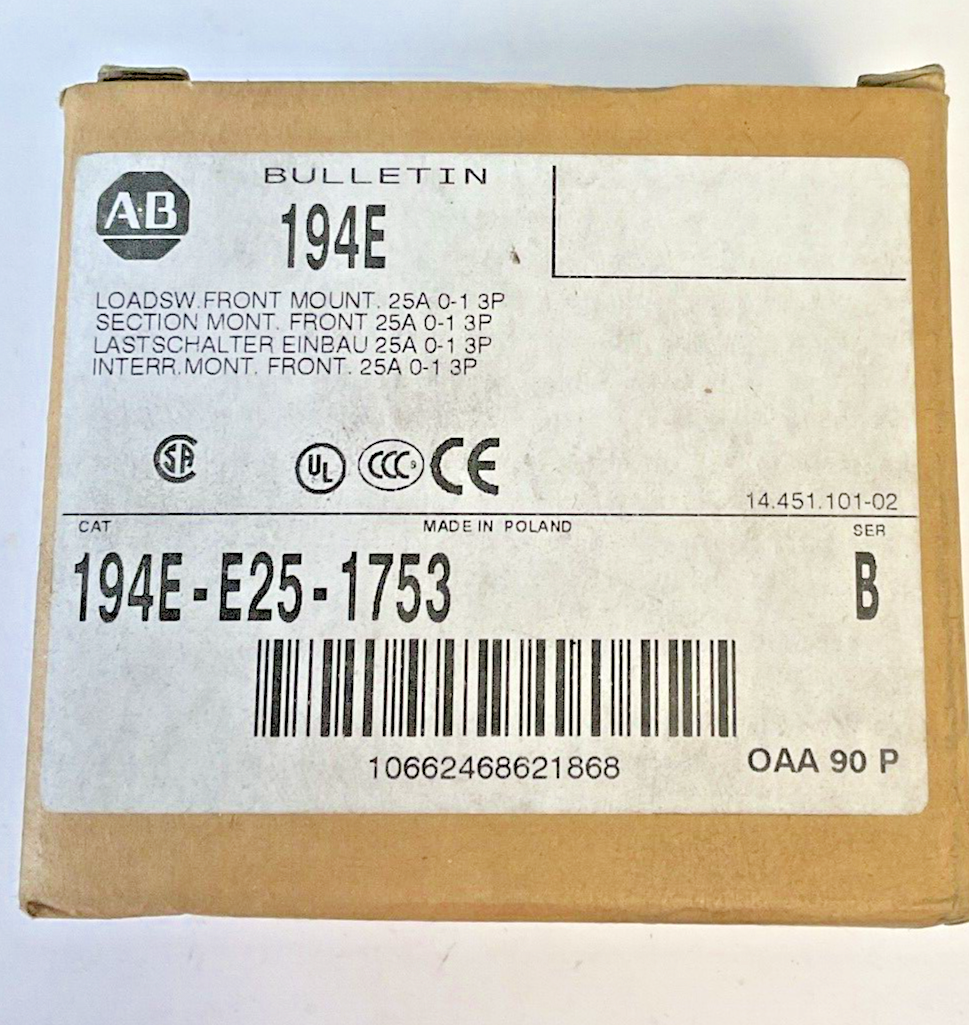 ALLEN BRADLEY 194E-E25-1753  LOAD SWITCH FRONT MOUNT SER.B 25A