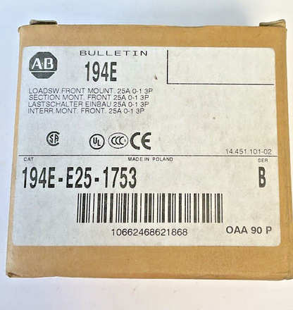 ALLEN BRADLEY 194E-E25-1753  LOAD SWITCH FRONT MOUNT SER.B 25A