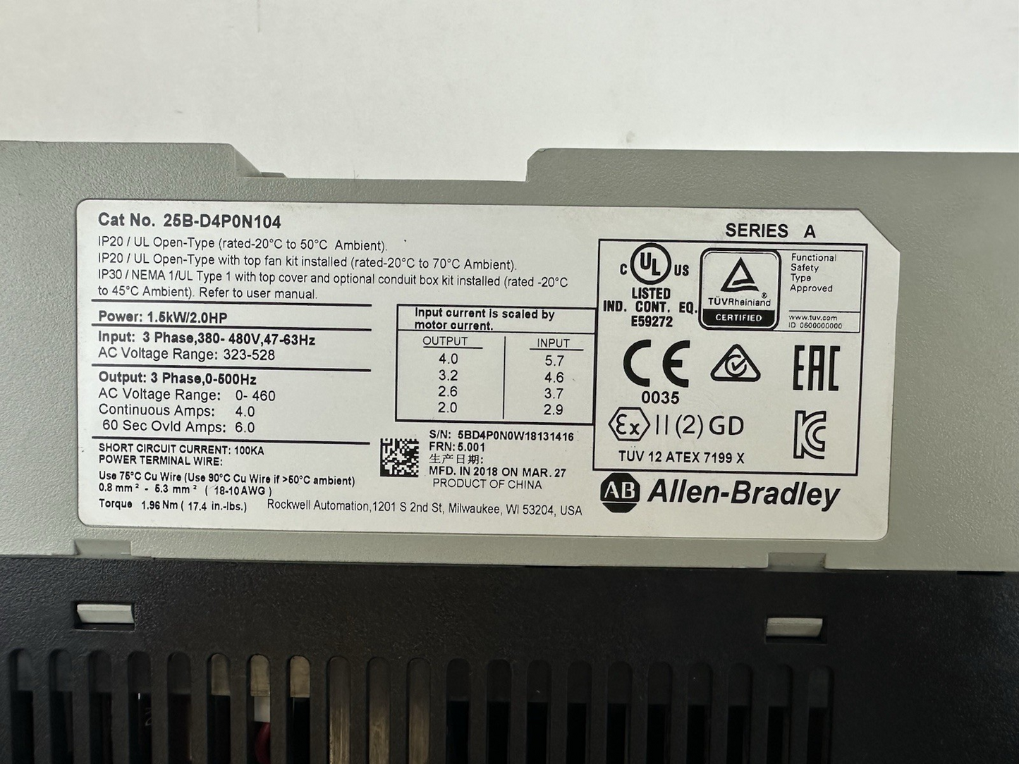 ALLEN BRADLEY 25B-D4P0N104 POWERFLEX 525 AC DRIVE FRN 5.001 SER A W/ 25-JBAA