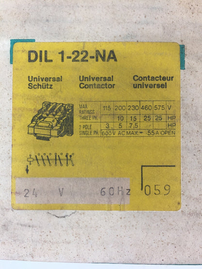 KLOCKNER MOELLER DIL 1-22-NA UNIVERSAL CONTACTOR 600VAC 25HP 2POLE COIL 24V 60HZ