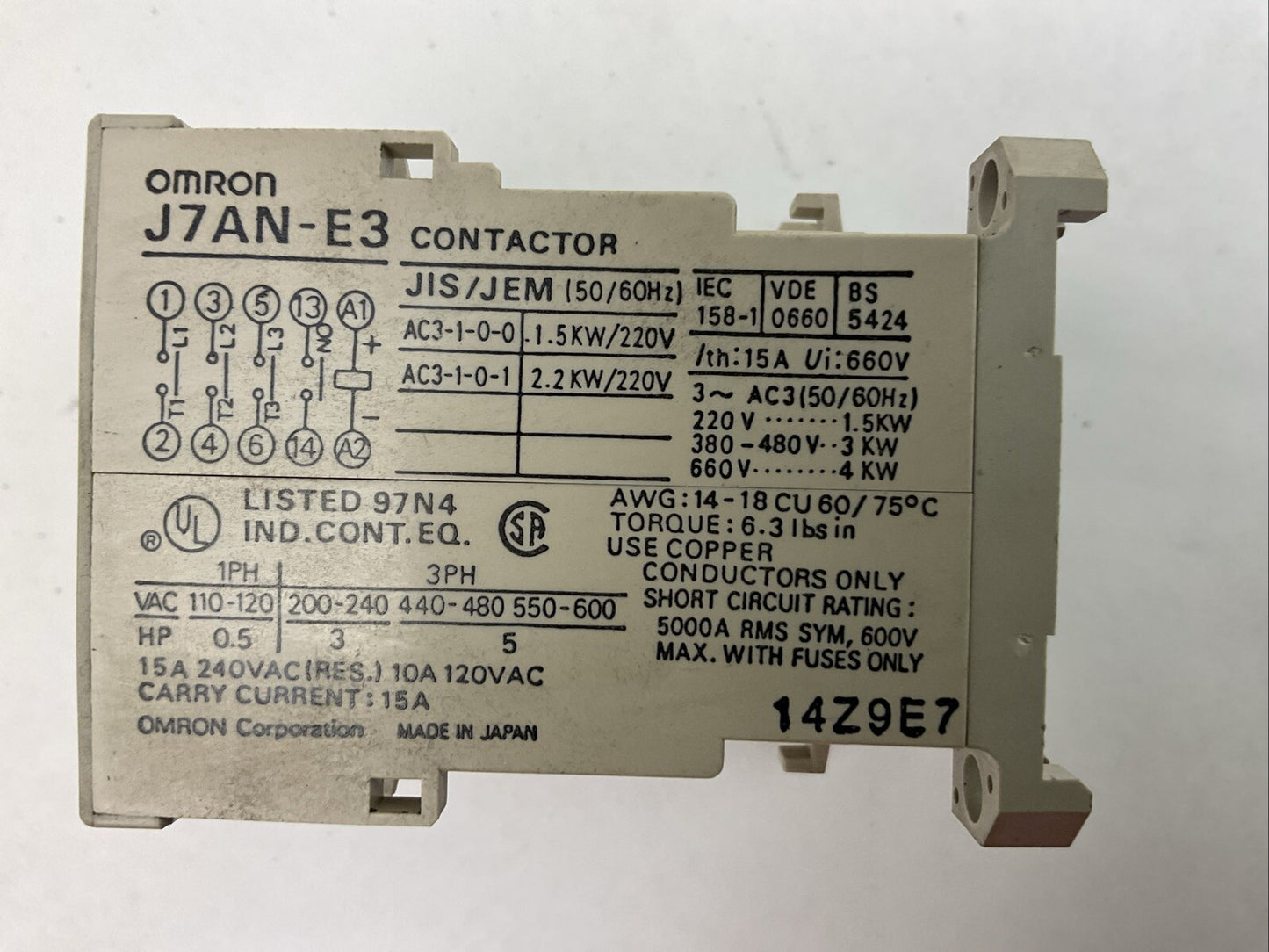 ONRON J7AN-E3 CONTACTOR 600VAC 15A 3PH 5HP COIL 24VDC
