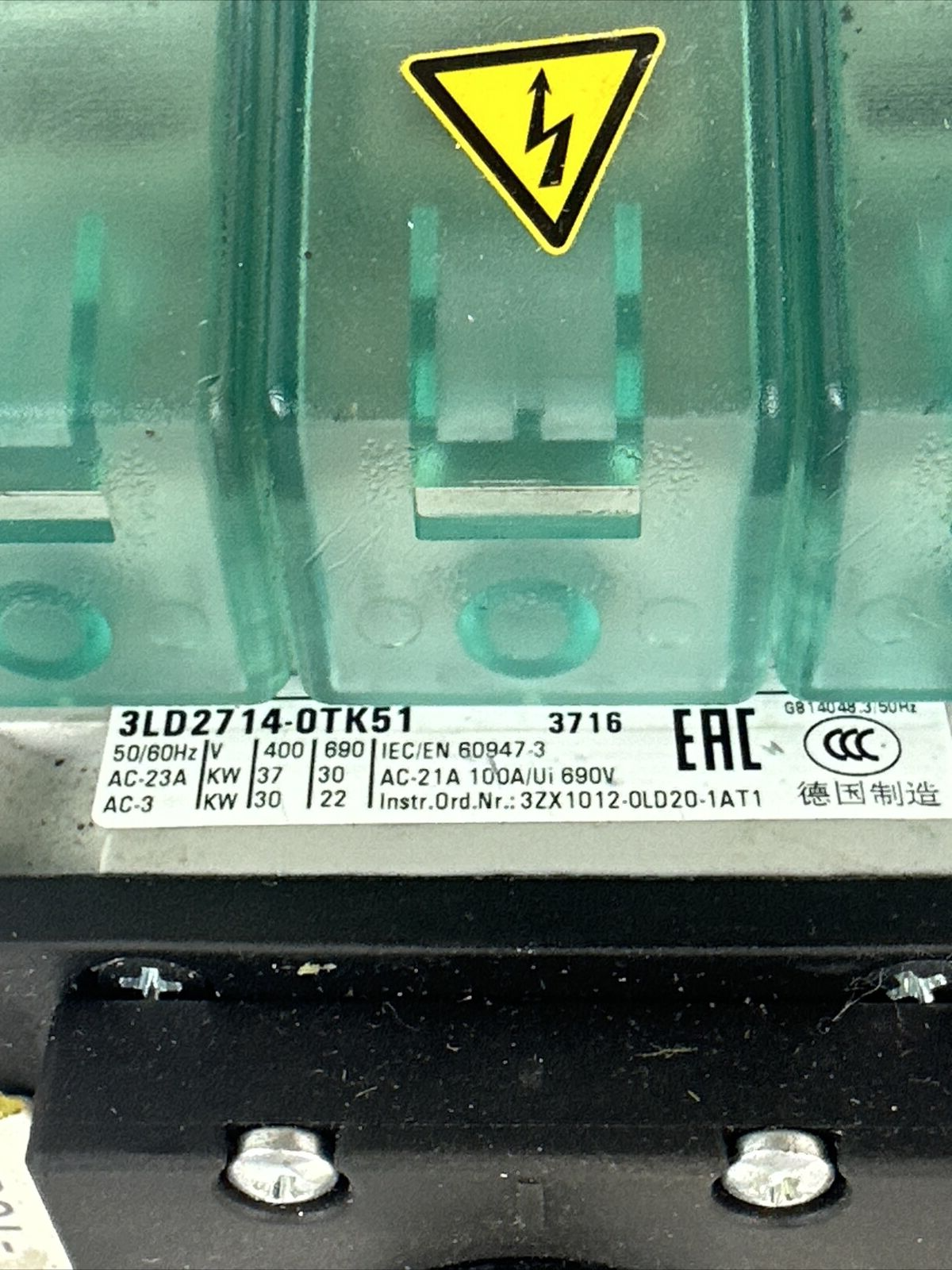 SIEMENS 3LD2714-0TK51 DISCONNECT SWITCH 100A 600VAC 3PH 75HP