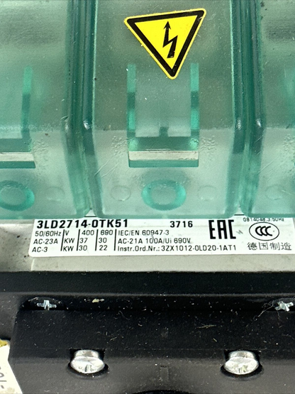 SIEMENS 3LD2714-0TK51 DISCONNECT SWITCH 100A 600VAC 3PH 75HP