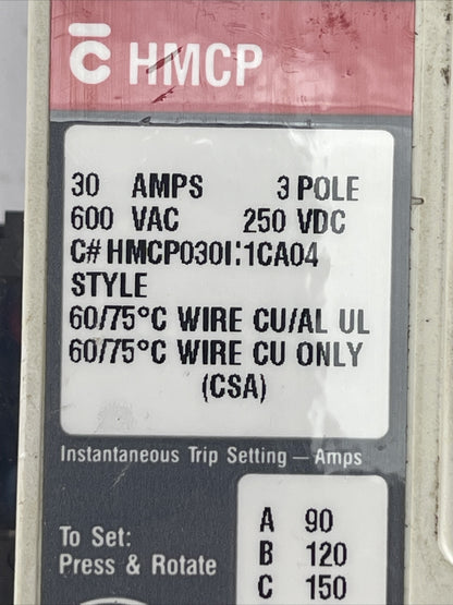 WESTINGHOUSE HMCP030I:1CA04 30AMP 3POLE 600VAC 250VDC AUX. SW. A1X1LT 1490D73G58