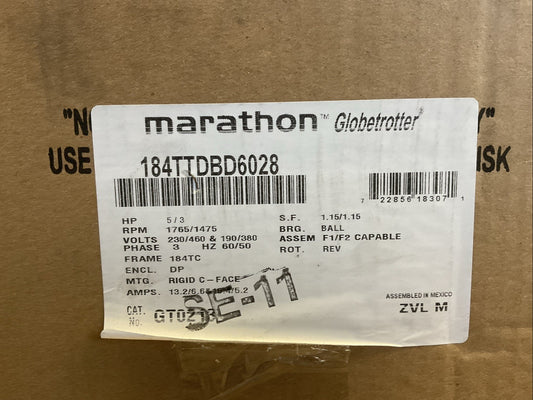 MARATHON GLOBETROTTER 184TTDBD6028 MOTOR 5/3HP 1765/1475RPM 3PH 60/50HZ