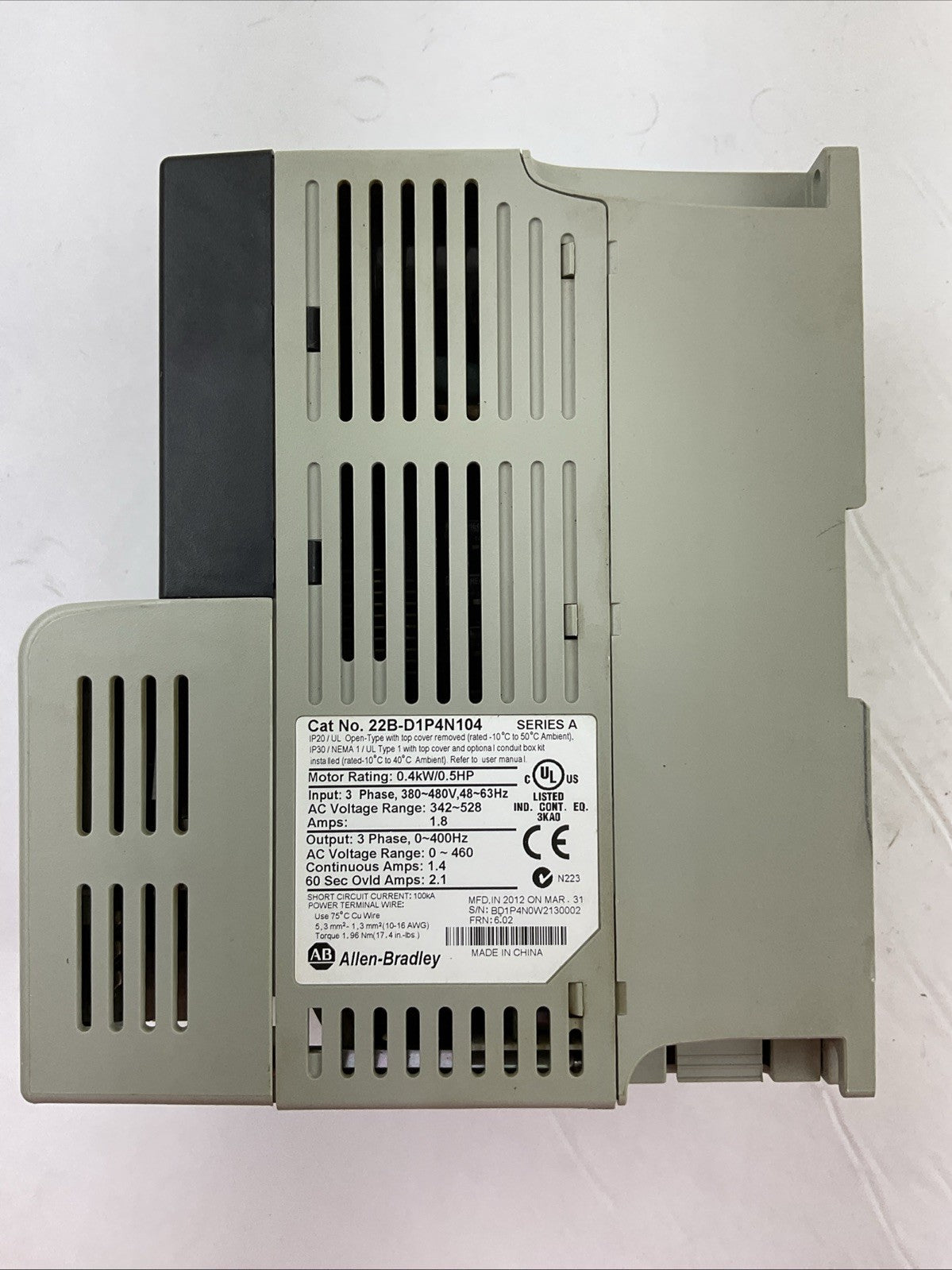 ALLEN BRADLEY 22B-D1P4N104 AC DRIVE SER A FRN 6.02 POWER FLEX 40 OUTPUT 0-460VAC