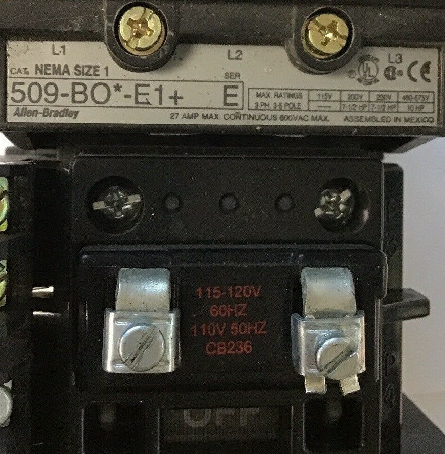 ALLEN-BRADLEY 509-BO*-E1+ SIZE 1 STARTER 120 V COIL  W/592-EECC W/595-A SER.C