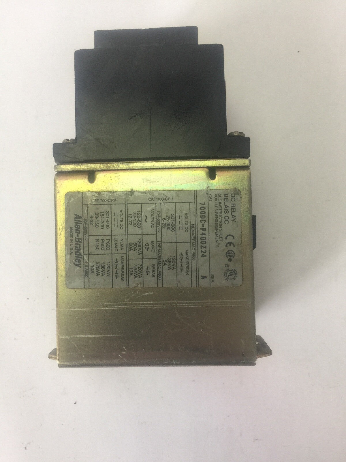 ALLEN BRADLEY 700DC-P400Z24 DC RELAY SER A 600V PD714 COIL 24VDC BULLETIN 700DC