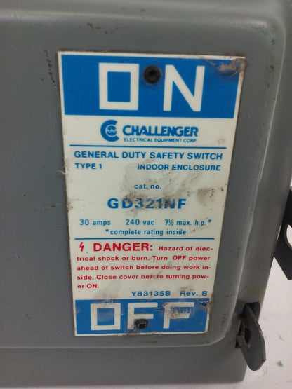 CHALLENGER GD321NF, 30A, 240V, 7 1/2 MAX H.P., TYPE 1 INDOOR, SAFETY SWITCH, NEW