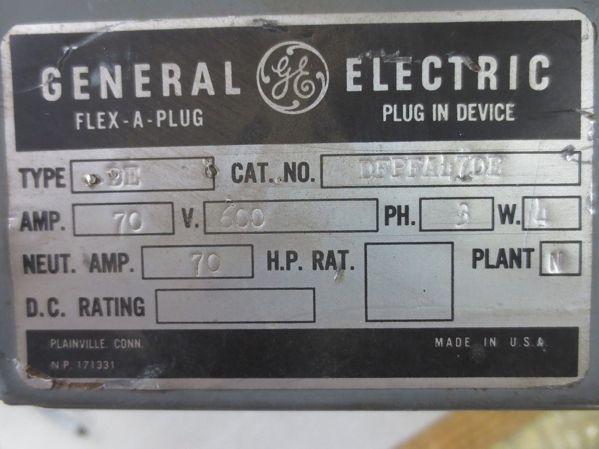 GENERAL ELECTRIC DFPFA47DE BUS PLUG / CIRCUIT BREAKER 70A, 600VAC, 3P,4W