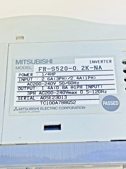 MITSUBISHI - FR-S520-0.2K-NA - 3 PHASE INVERTER - 1/4 HP, 2.6A, 240VAC .5-120Hz