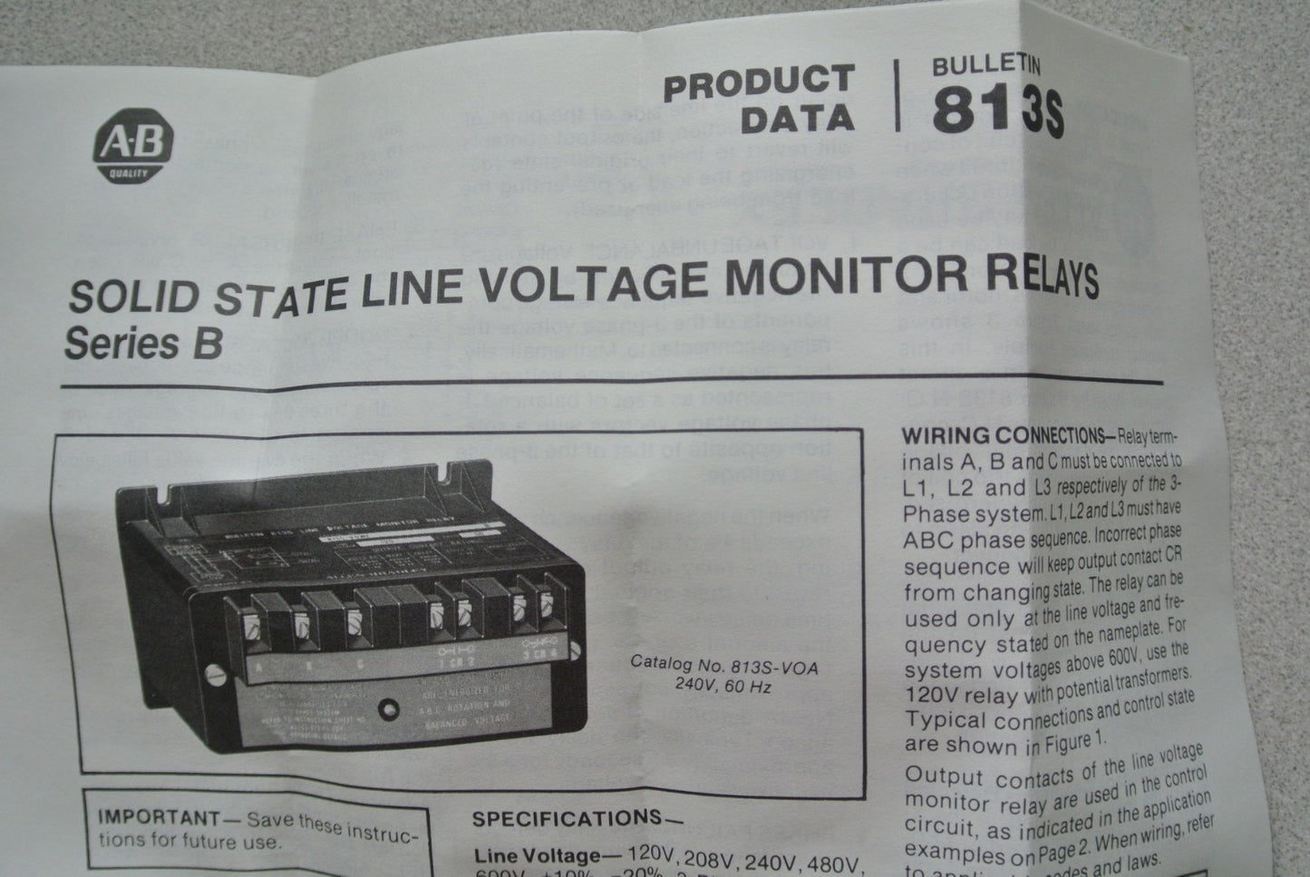 ALLEN-BRADLEY 813S-VOA Ser. B LINE VOLTAGE MONITOR RELAY 240V, 60Hz NEW SURPLUS