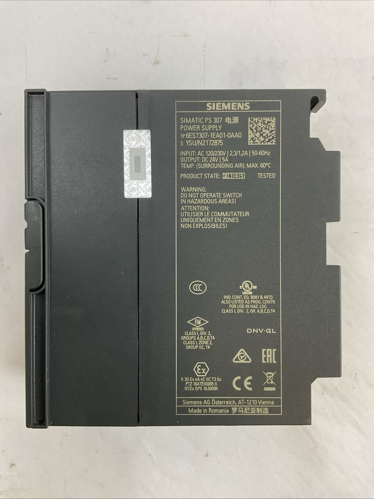 SIEMENS 1P 6ES7307-1EA01-0AA0 SIMATIC PS 307 POWER SUPPLY OUTPUT 24VDC 5A