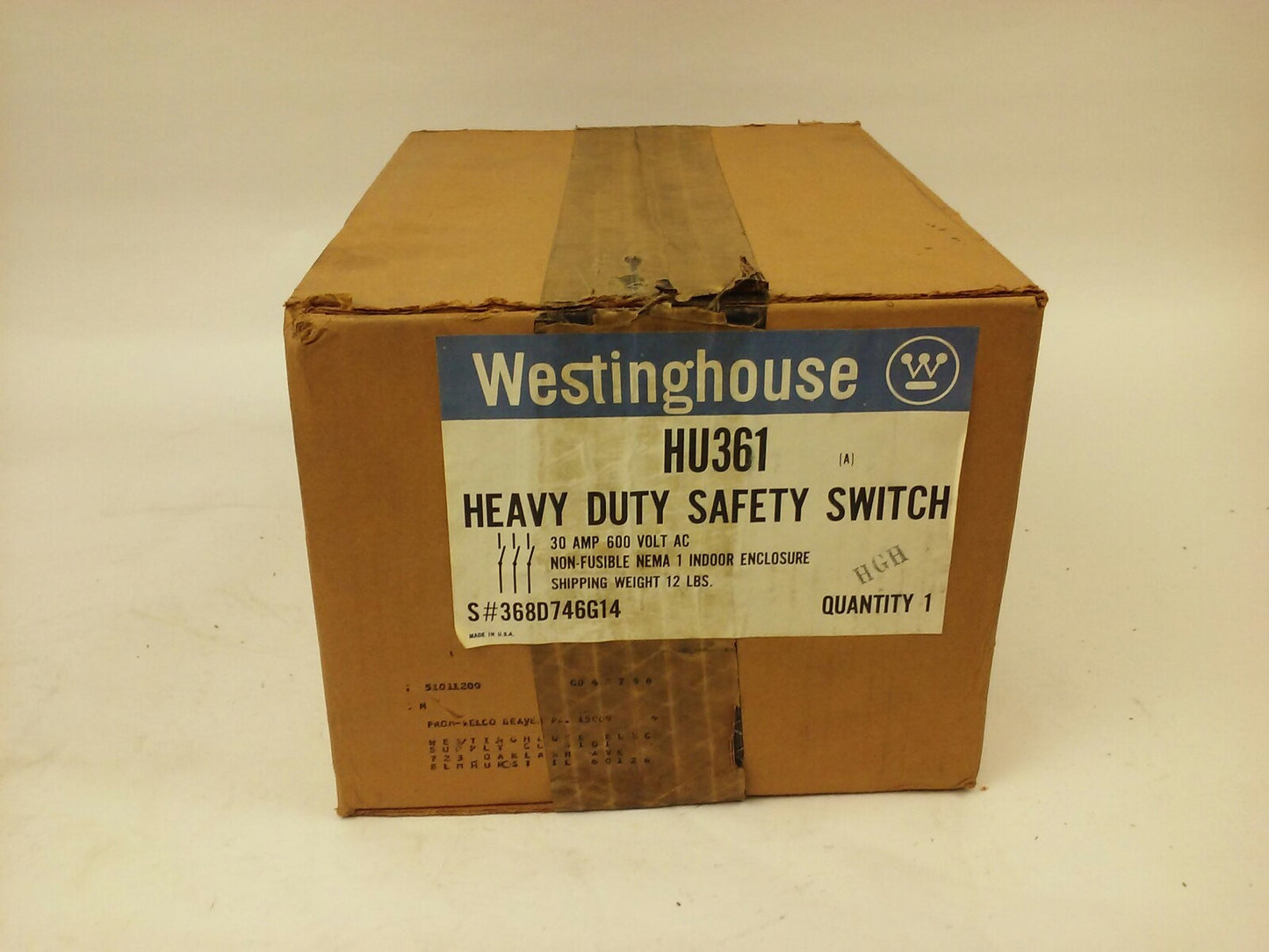 WESTINGHOUSE HU361, H.D. SAFETY SWITCH, 30A, 600V, NON FUSIBLE, INDOOR, NIB, NEW