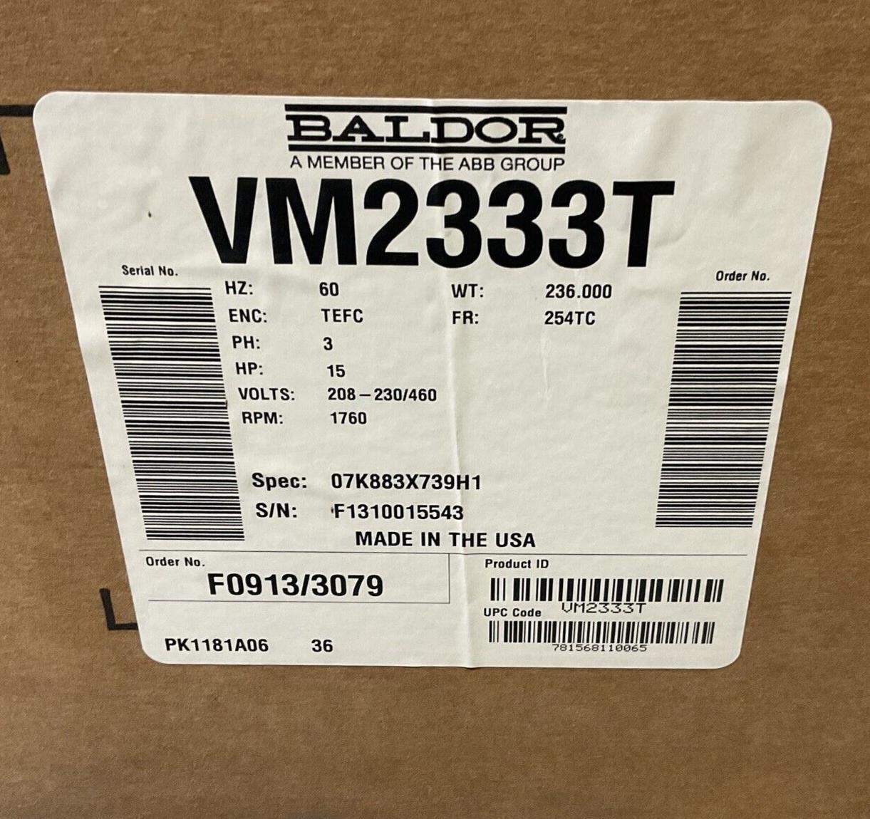BALDOR VM233T3PH INDUSTIRAL MOTOR  15HP 1750RPM