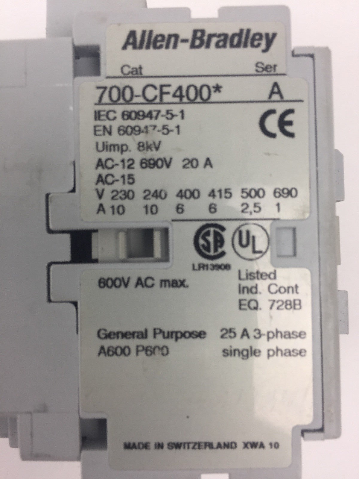 ALLEN BRADLEY 700-CF400* CONTACTOR SER A 600 VAC COIL 120V 60HZ 110V 50HZ