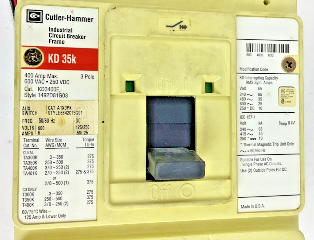 CUTLER-HAMMER KD3400F 400A 3POLE 600VAC 250VDC W/ KT3300T 300A TRIP UNIT A1X3PK