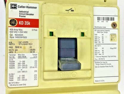 CUTLER-HAMMER KD3400F 400A 3POLE 600VAC 250VDC W/ KT3300T 300A TRIP UNIT A1X3PK