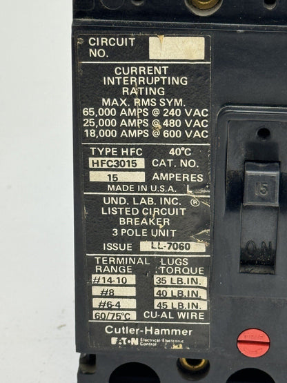 CUTLER-HAMMER - HFC3015 - CIRCUIT BREAKER - 15A/ 600 VAC/ 3 POLE